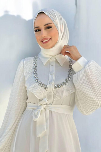 Pilise Kol Detaylı Elbise 3949 Ekru - 4