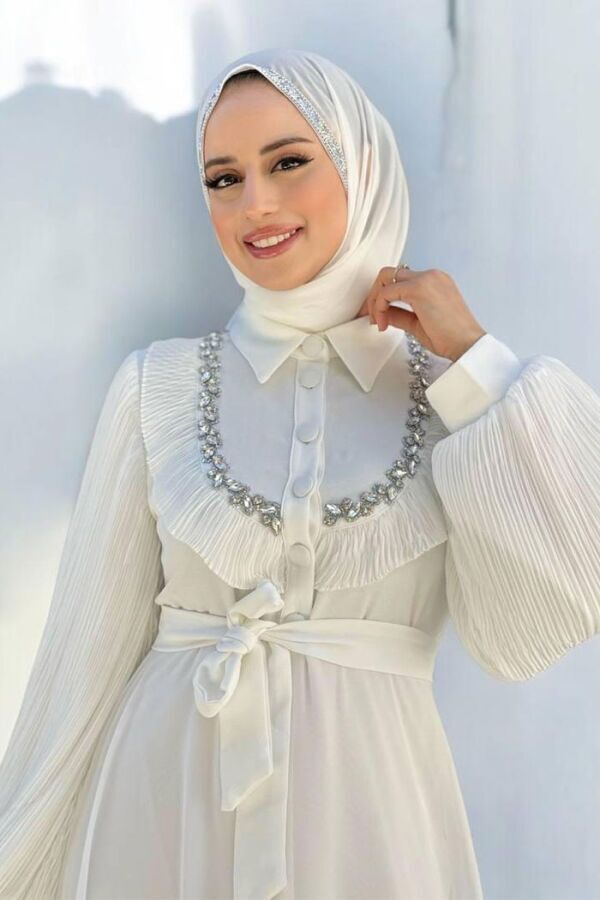 Pilise Kol Detaylı Elbise 3949 Ekru - 4