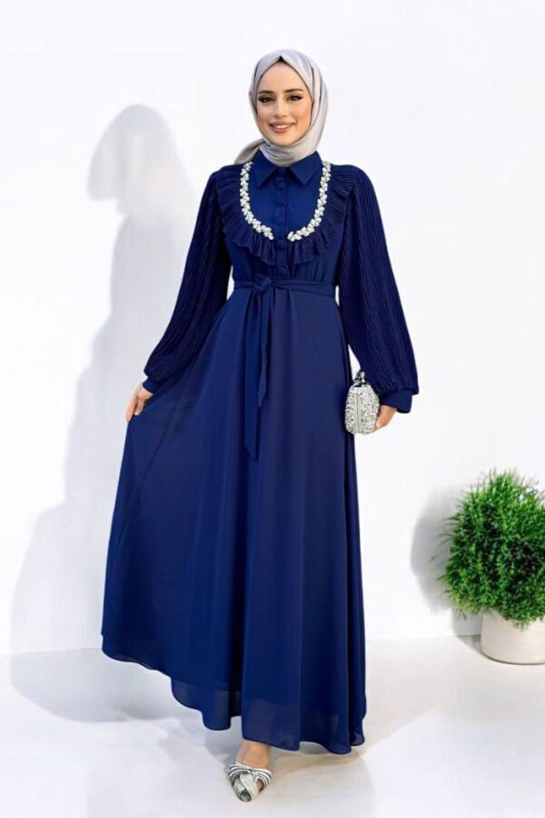 Pilise Kol Detaylı Elbise 3949 Lacivert - 1