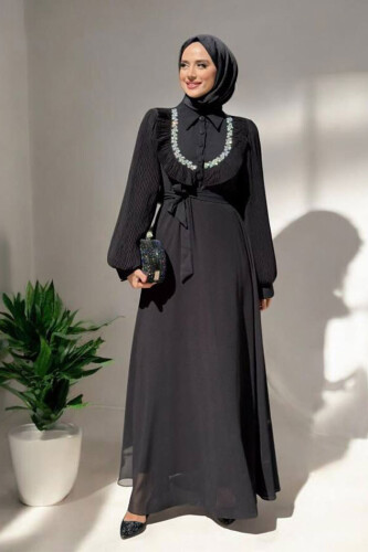 Pilise Kol Detaylı Elbise 3949 Siyah - Bym Fashion