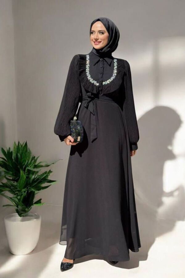 Pilise Kol Detaylı Elbise 3949 Siyah - 1