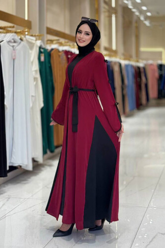 Fiyonk Detaylı Abaya Elbise Takım 3955 Bordo - 3