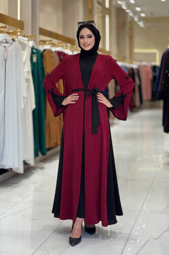 Fiyonk Detaylı Abaya Elbise Takım 3955 Bordo 