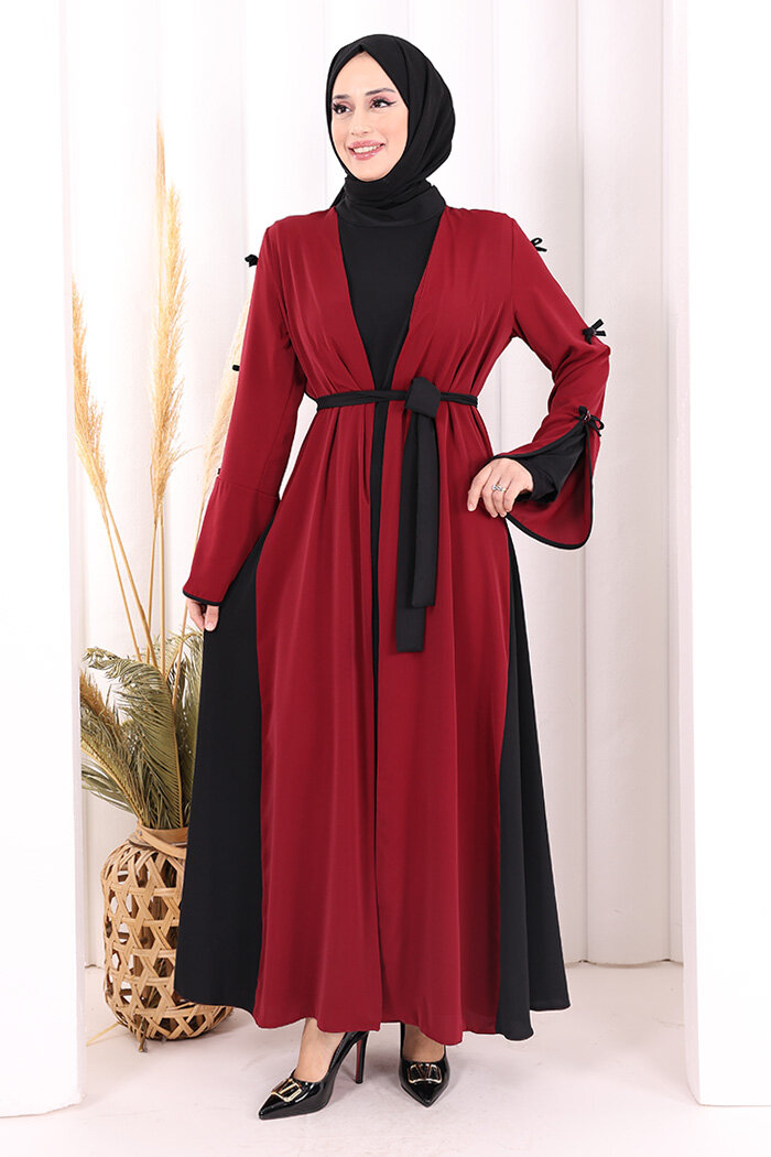 Fiyonk Detaylı Abaya Elbise Takım 3955 Bordo - 1