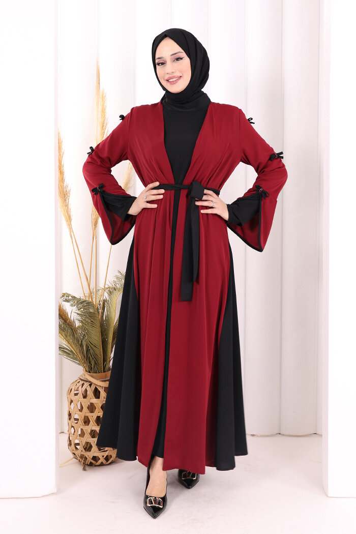 Fiyonk Detaylı Abaya Elbise Takım 3955 Bordo - 2