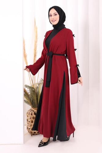 Fiyonk Detaylı Abaya Elbise Takım 3955 Bordo - 3