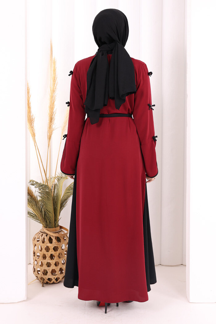 Fiyonk Detaylı Abaya Elbise Takım 3955 Bordo - 4