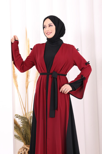 Fiyonk Detaylı Abaya Elbise Takım 3955 Bordo - 5