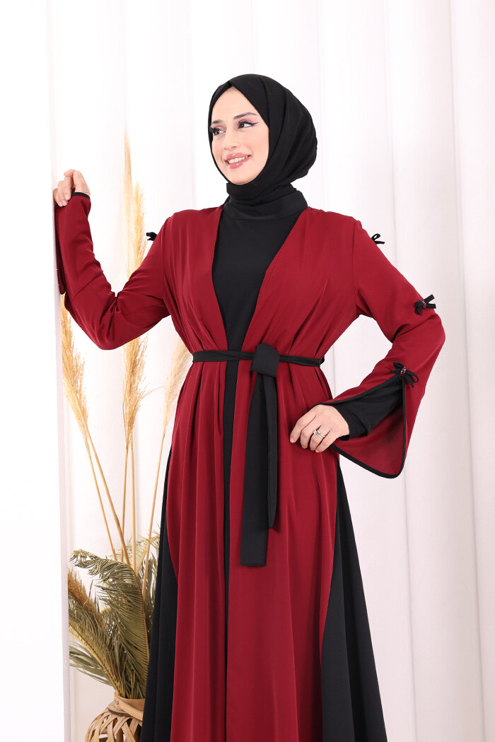 Fiyonk Detaylı Abaya Elbise Takım 3955 Bordo - 5