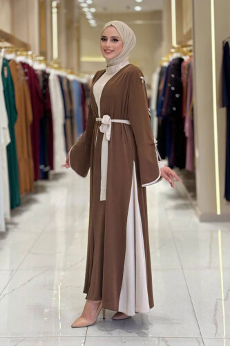 Fiyonk Detaylı Abaya Elbise Takım 3955 Kahverengi - 2