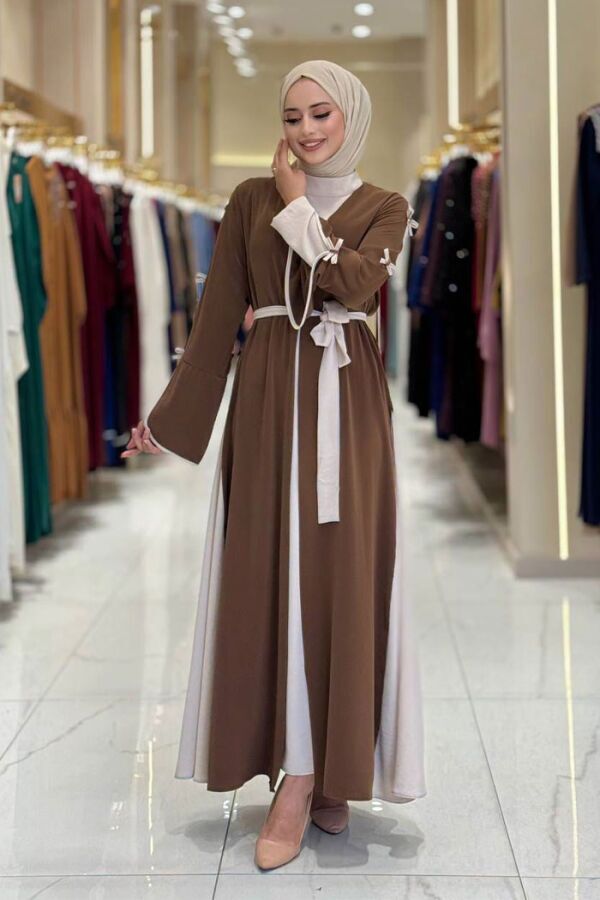 Fiyonk Detaylı Abaya Elbise Takım 3955 Kahverengi - 3