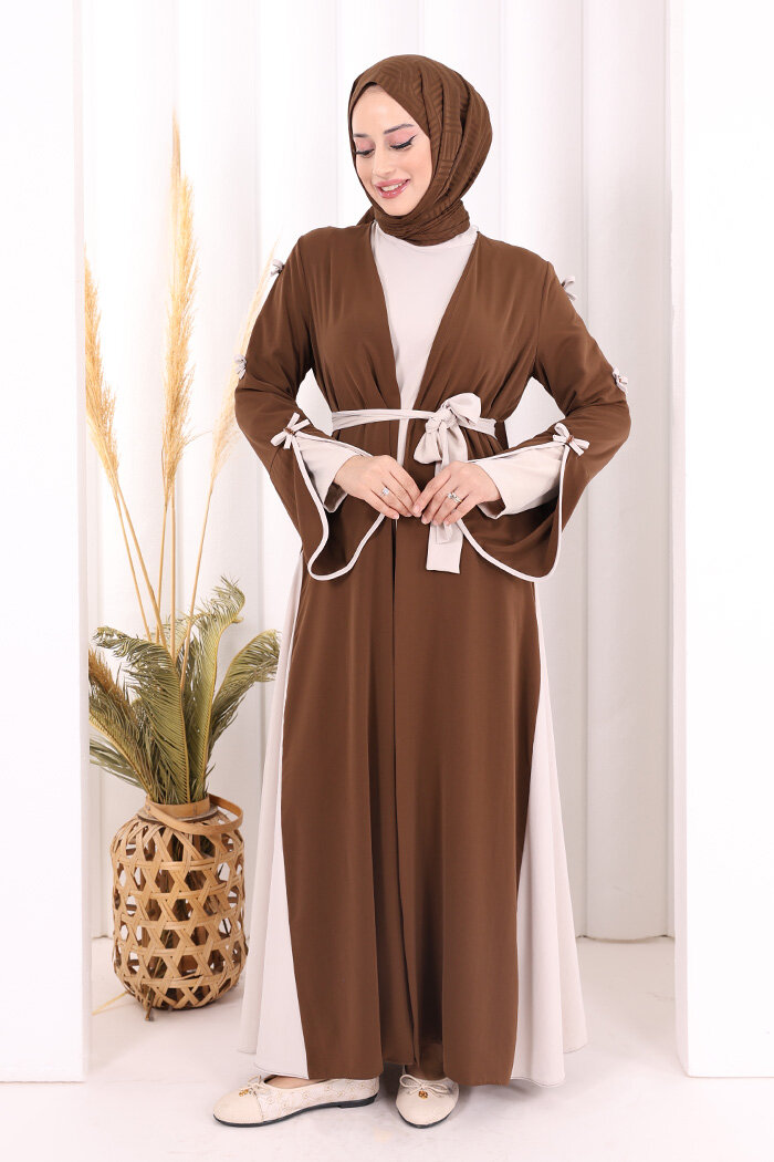 Fiyonk Detaylı Abaya Elbise Takım 3955 Kahverengi - 1