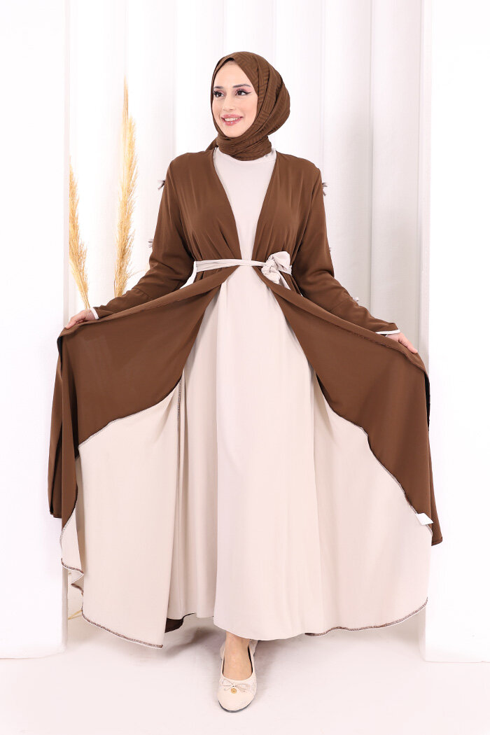 Fiyonk Detaylı Abaya Elbise Takım 3955 Kahverengi - 2