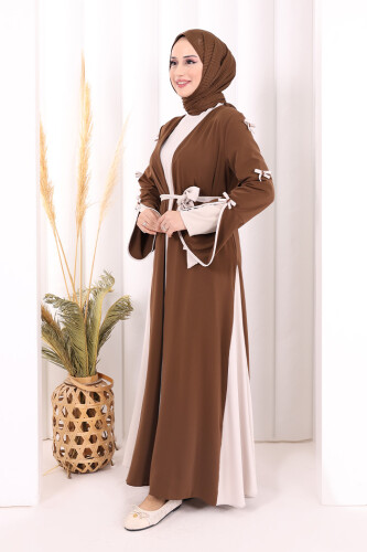 Fiyonk Detaylı Abaya Elbise Takım 3955 Kahverengi - 3