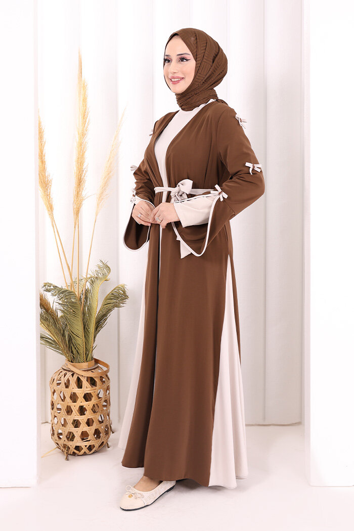 Fiyonk Detaylı Abaya Elbise Takım 3955 Kahverengi - 3