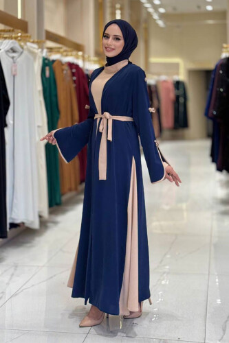 Fiyonk Detaylı Abaya Elbise Takım 3955 Lacivert - 3