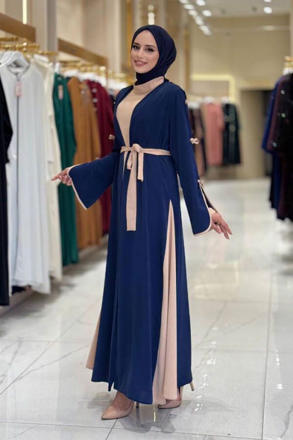 Fiyonk Detaylı Abaya Elbise Takım 3955 Lacivert - 3