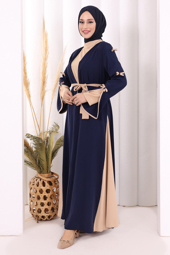 Fiyonk Detaylı Abaya Elbise Takım 3955 Lacivert - 3