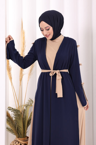 Fiyonk Detaylı Abaya Elbise Takım 3955 Lacivert - 4