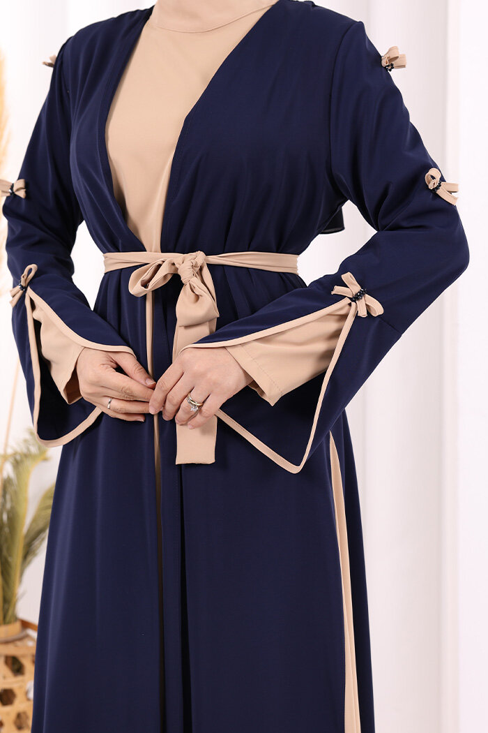 Fiyonk Detaylı Abaya Elbise Takım 3955 Lacivert - 5