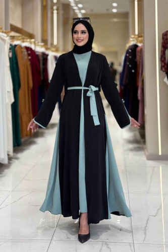 Fiyonk Detaylı Abaya Elbise Takım 3955 Siyah-Mint 