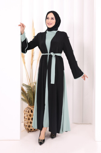 Fiyonk Detaylı Abaya Elbise Takım 3955 Siyah-Mint 