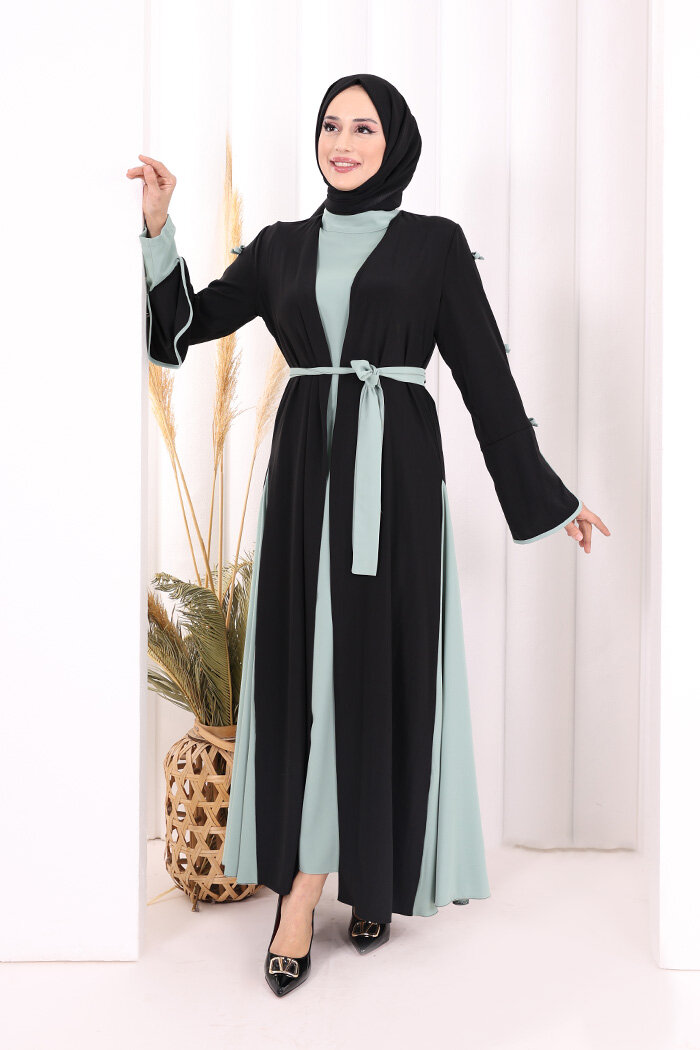 Fiyonk Detaylı Abaya Elbise Takım 3955 Siyah-Mint - 1