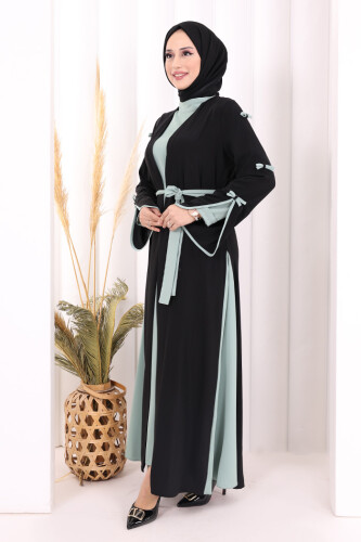 Fiyonk Detaylı Abaya Elbise Takım 3955 Siyah-Mint - 2