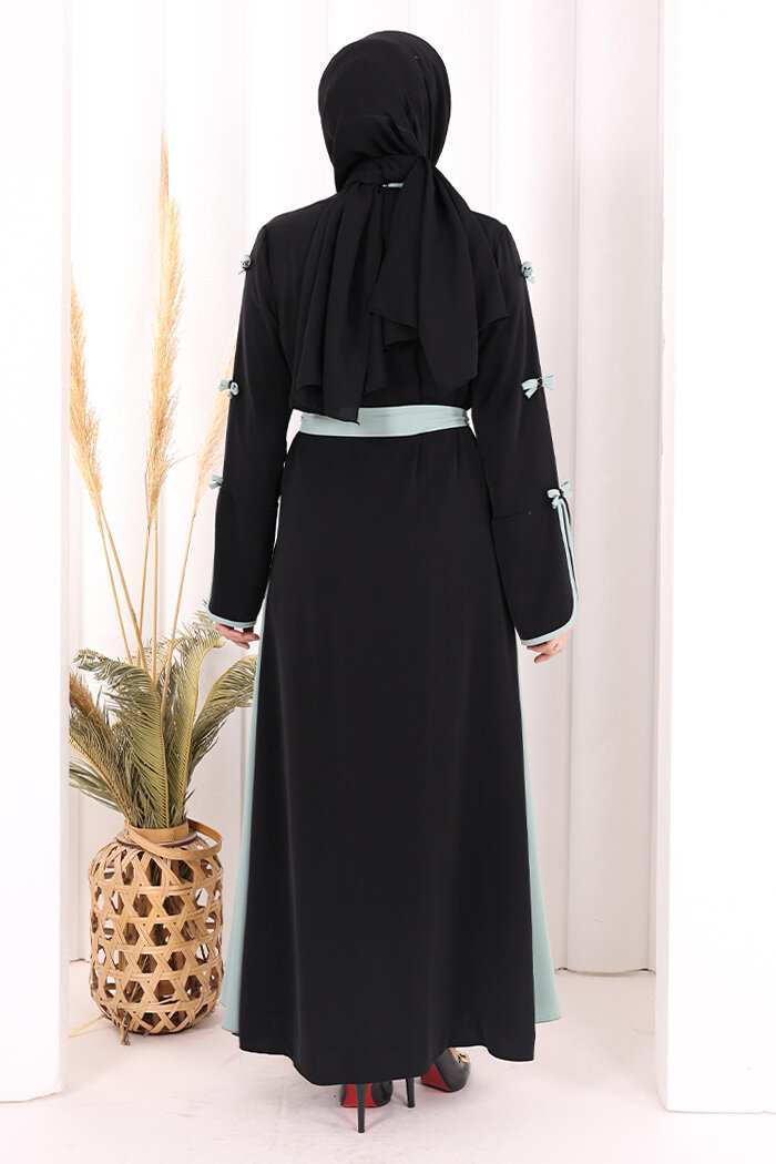 Fiyonk Detaylı Abaya Elbise Takım 3955 Siyah-Mint - 3