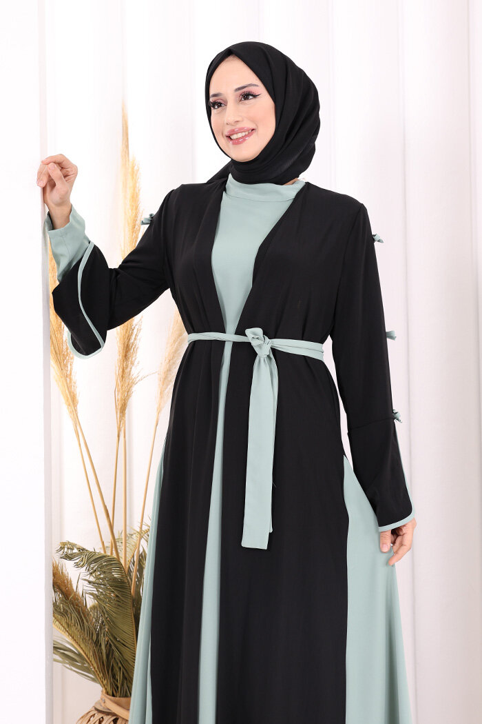 Fiyonk Detaylı Abaya Elbise Takım 3955 Siyah-Mint - 4