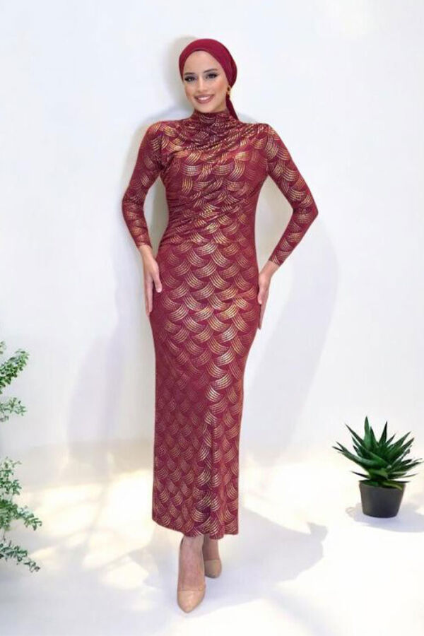 Desenli Büzgü Detaylı Elbise 3956 Bordo - 1