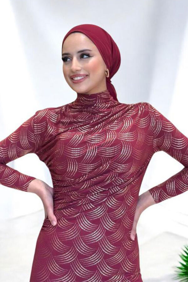 Desenli Büzgü Detaylı Elbise 3956 Bordo - 4