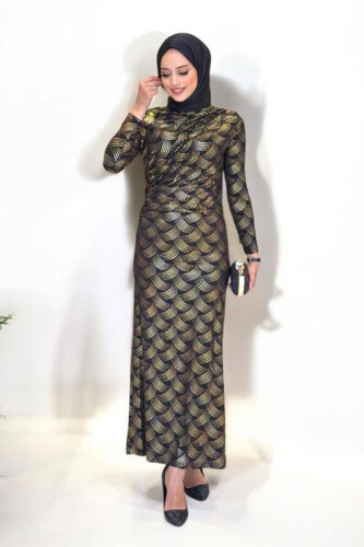 Desenli Büzgü Detaylı Elbise 3956 Siyah - Bym Fashion