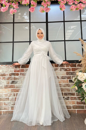 Omuz Şerit Detay Bel Bağlamalı Tül Abiye Elbise 3964 Ekru - 5