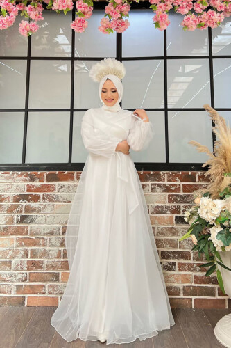 Omuz Şerit Detay Bel Bağlamalı Tül Abiye Elbise 3964 Ekru - 6