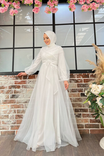 Omuz Şerit Detay Bel Bağlamalı Tül Abiye Elbise 3964 Ekru - 7