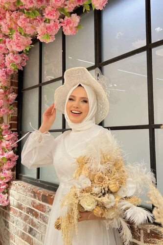 Omuz Şerit Detay Bel Bağlamalı Tül Abiye Elbise 3964 Ekru - 8