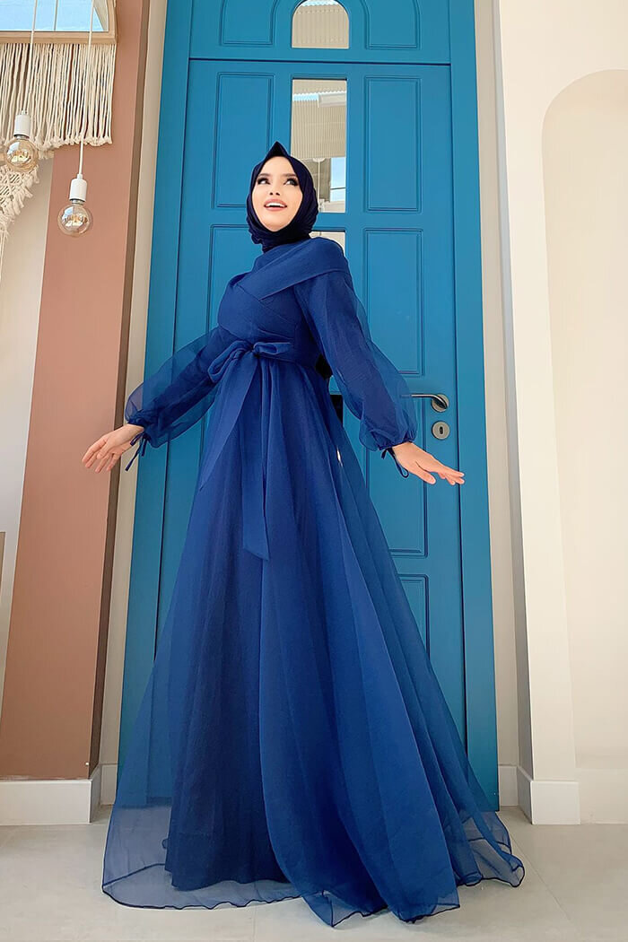 Omuz Şerit Detay Bel Bağlamalı Tül Abiye Elbise 3964 Lacivert - 4