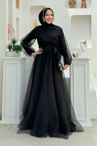 Abendkleid aus Tüll mit Schulterstreifendetail und Taillenschnürung 3964 Schwarz 
