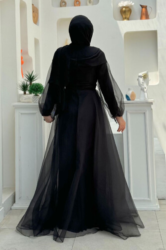 Abendkleid aus Tüll mit Schulterstreifendetail und Taillenschnürung 3964 Schwarz - 2
