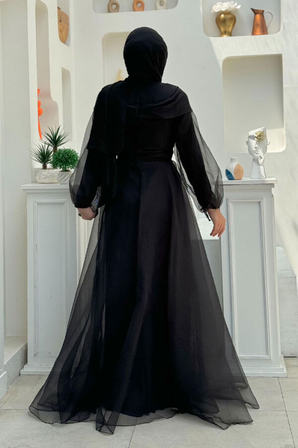 Abendkleid aus Tüll mit Schulterstreifendetail und Taillenschnürung 3964 Schwarz - 2