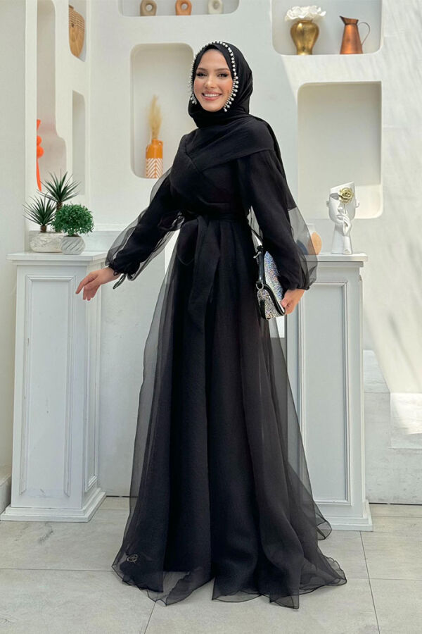 Abendkleid aus Tüll mit Schulterstreifendetail und Taillenschnürung 3964 Schwarz - 3