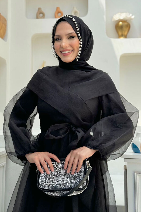 Abendkleid aus Tüll mit Schulterstreifendetail und Taillenschnürung 3964 Schwarz - 4