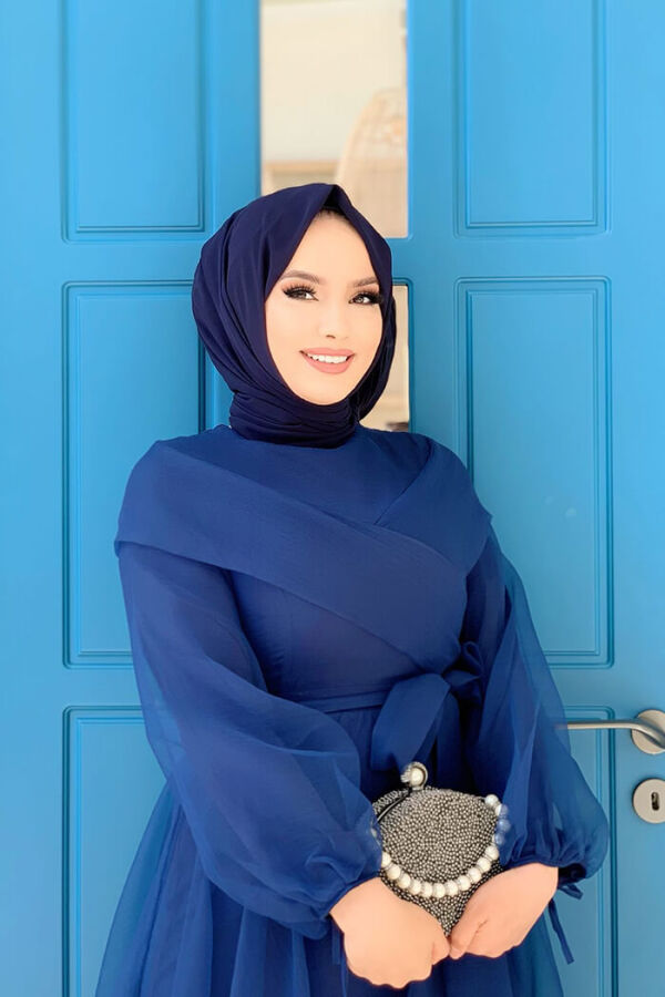 الكتف شريط التفاصيل الخصر التعادل تول فستان سهرة 3964 أزرق كحلي - 6