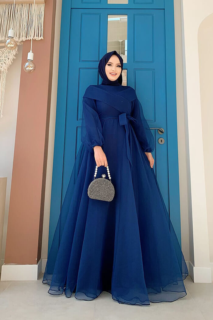 Shoulder Stripe Detail Waist Tie Tulle Evening Dress 3964 Navy Blue - 2