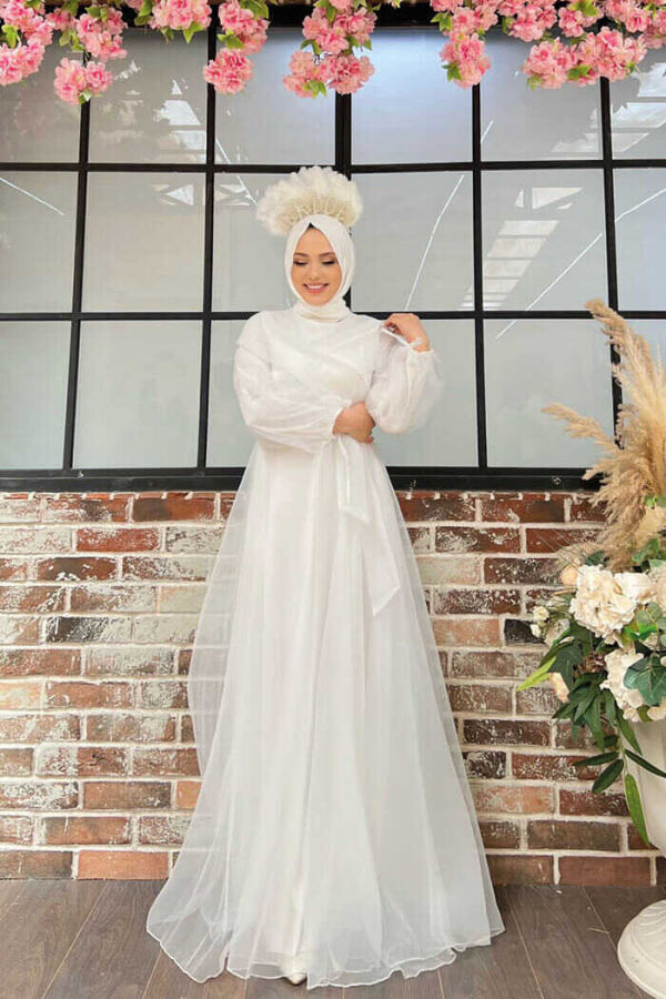 Abendkleid aus Tüll mit Schulterstreifendetail und Taillenband 3964 Ecru - 2