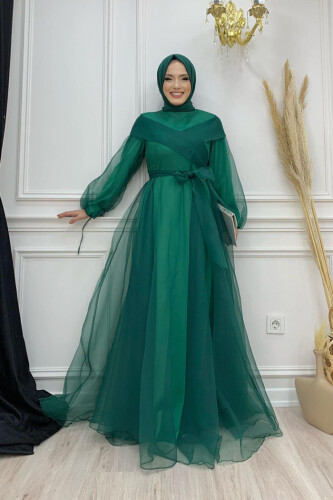Abendkleid aus Tüll mit Schulterstreifendetail und Taillenschnürung 3964 Smaragd 