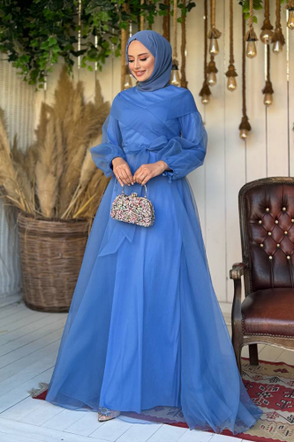 Abendkleid aus Tüll mit Schulterstreifendetail und Taillenschnürung 3964 Indigo 