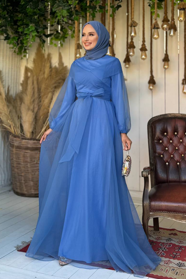 Abendkleid aus Tüll mit Schulterstreifendetail und Taillenschnürung 3964 Indigo - 2