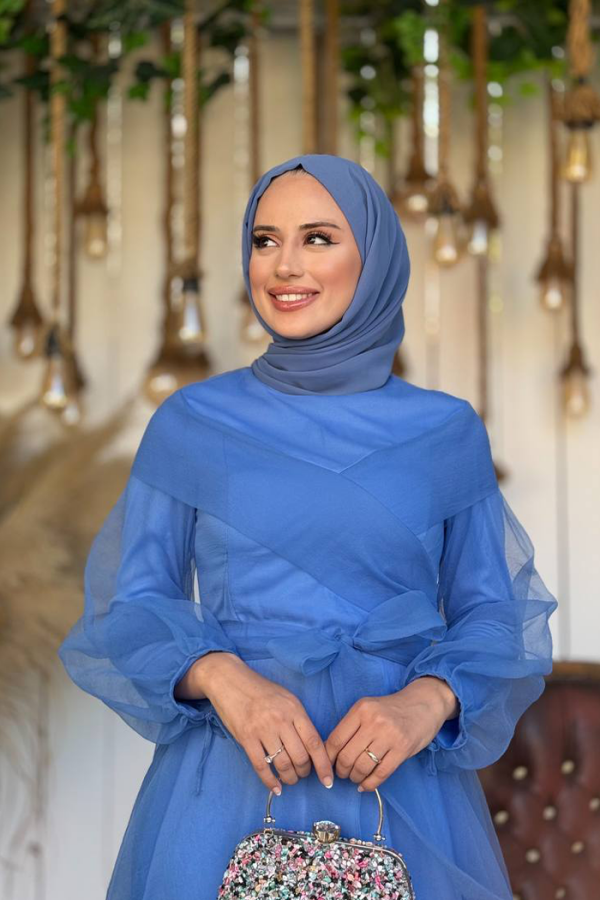 Abendkleid aus Tüll mit Schulterstreifendetail und Taillenschnürung 3964 Indigo - 4